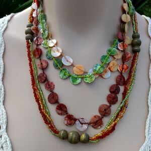 EUC ZAD Boho 4 Strand Multicolored Circular Shells/Glass & Metal Beads on Rope